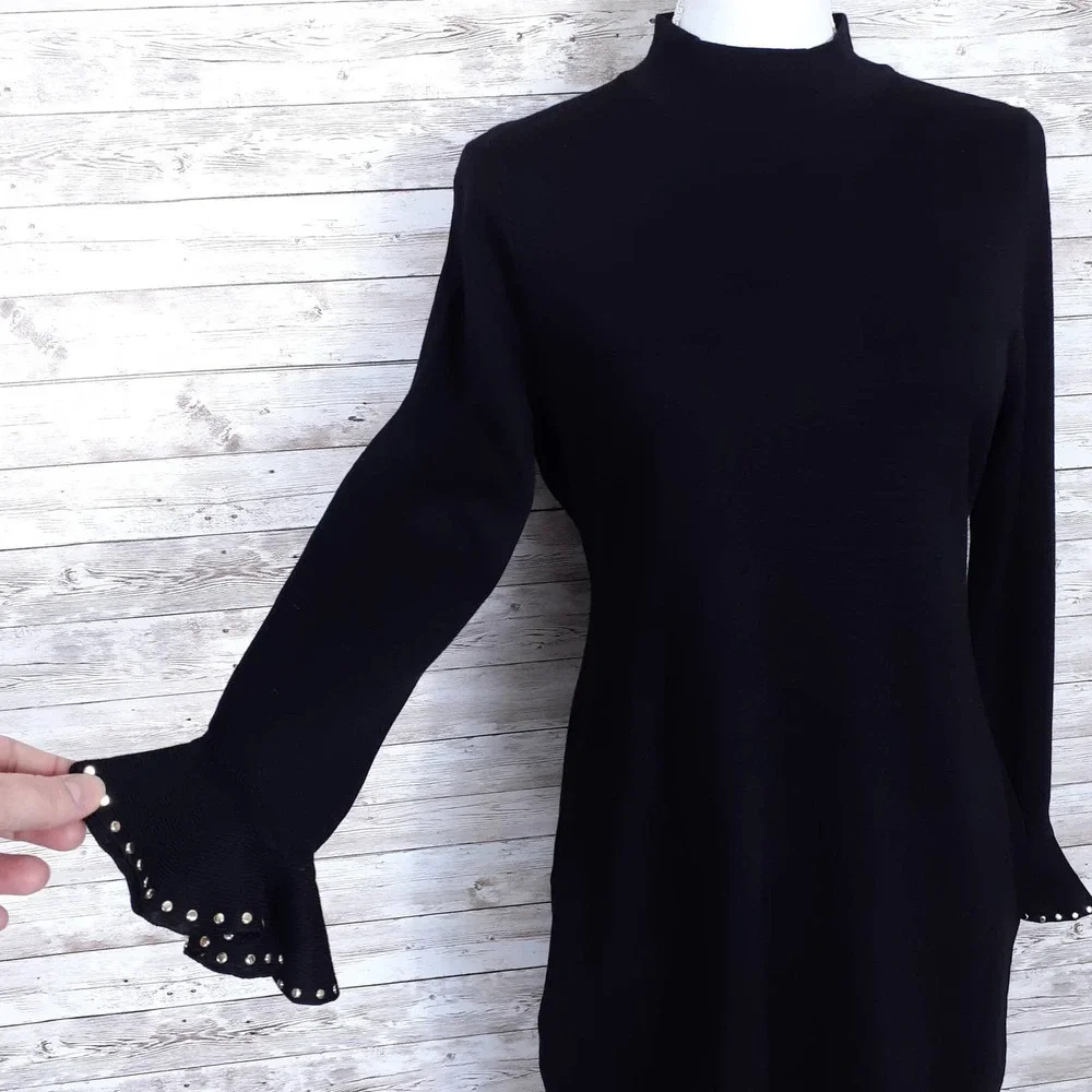 Calvin Klein Knit Dress PL Ruffle Sleeve Black 318 - Picture 3 of 7